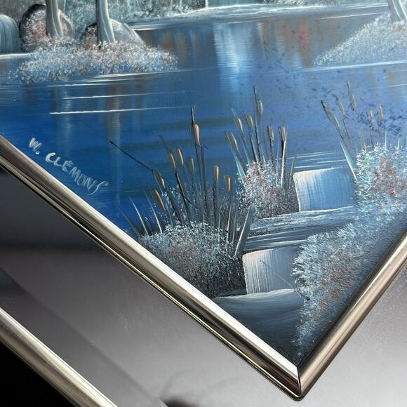 Rare "Winter Scene Lake Cabin" Original Painted on Mirror-Clemons-Pastels - Picture 11 of 16